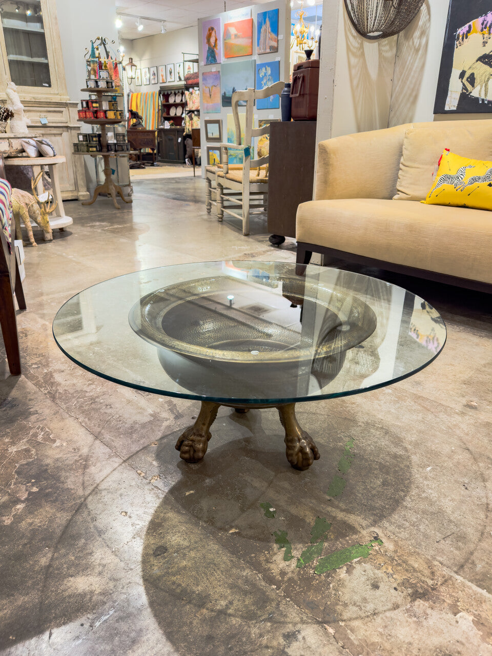 19th Century Spanish Brass Ball and Clawfoot Brazier / Table with Glass Top