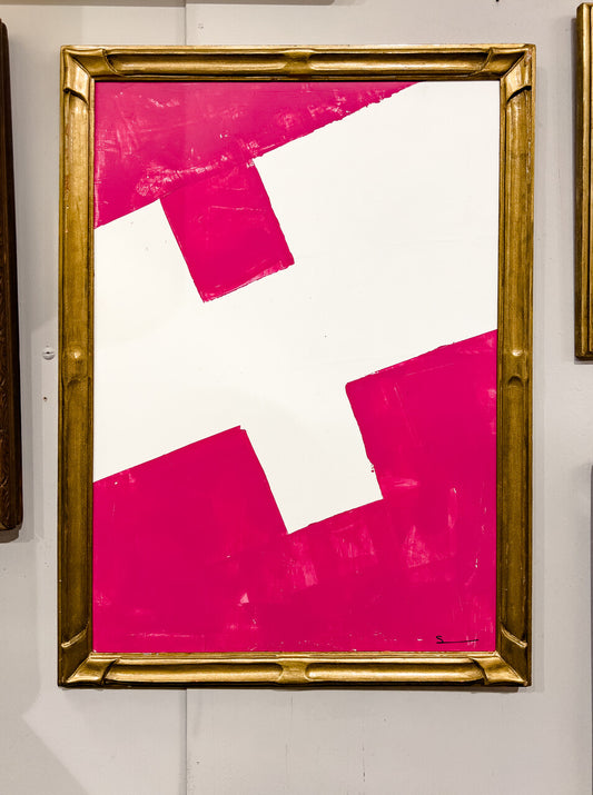 Original Modern Contemporary Pink and White Painting in Antique Gilt Frame