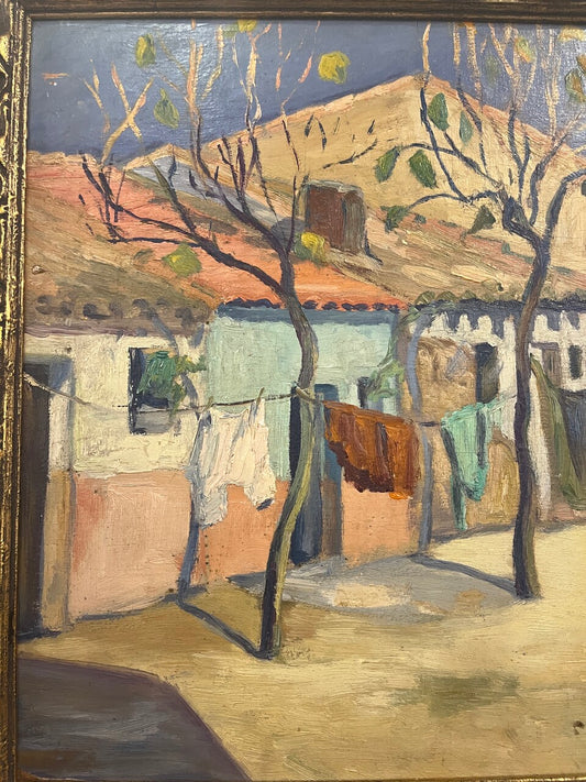 Elsa Desportes Village Scene Oil on Board