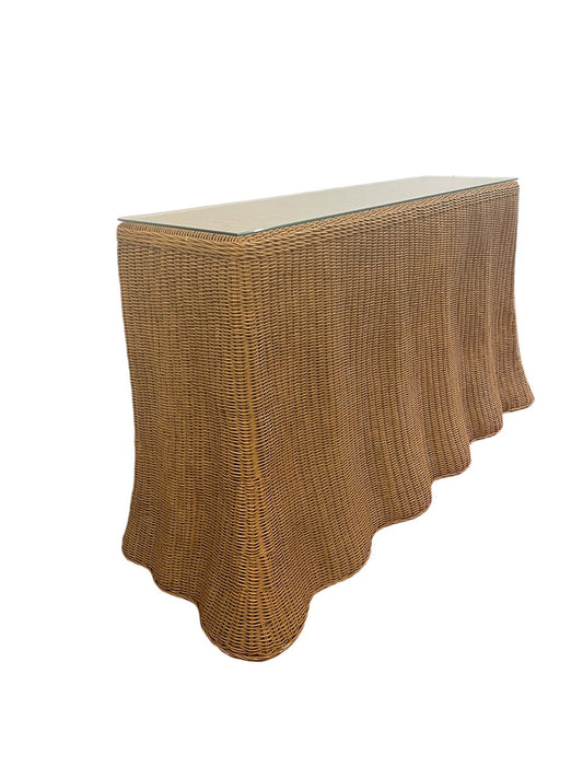 1970's Wicker Rattan Skirted Console Table