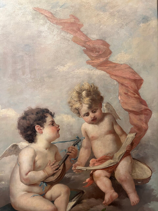 1890's French Painting "Two Putti as Allegories of Music"