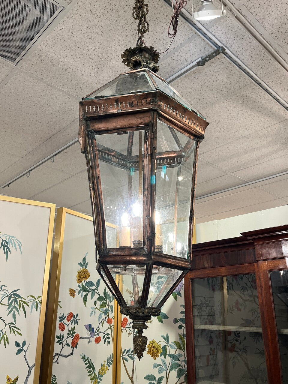 Large 19th Century Copper and Brass French Lantern Chandelier