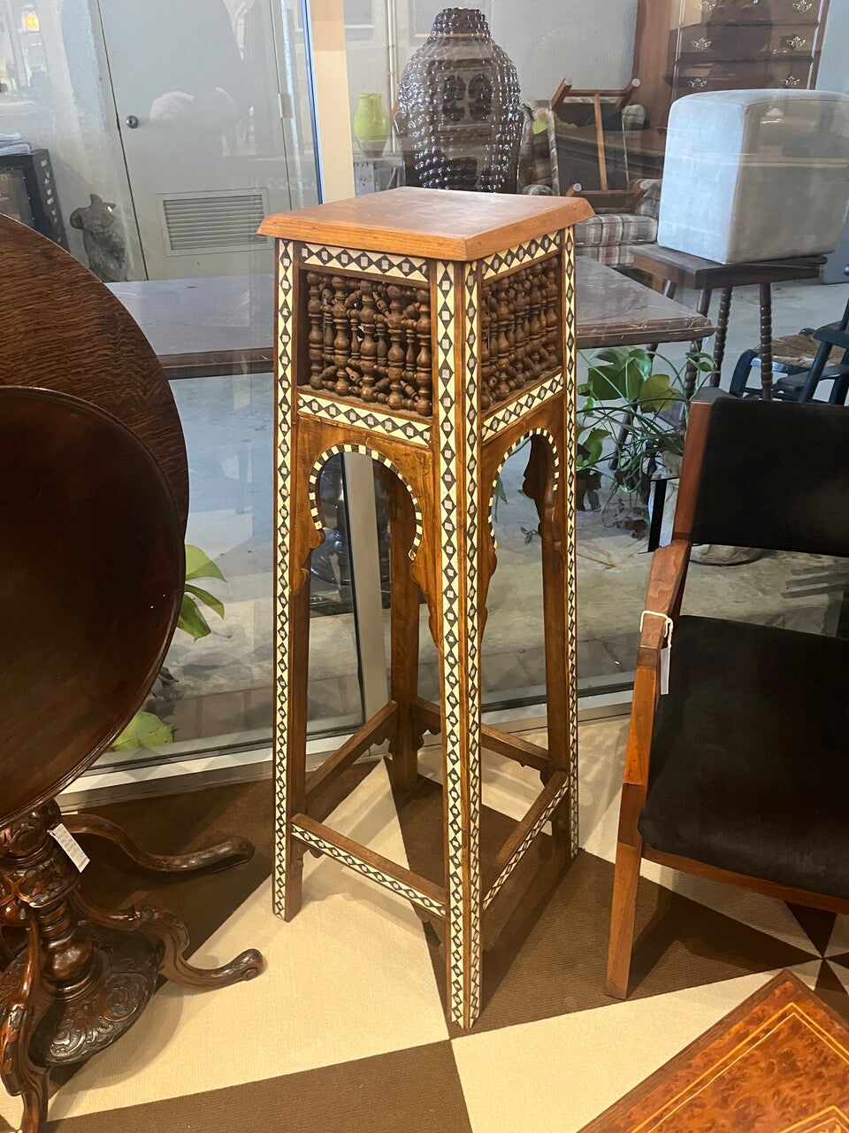 Moroccan Pedestal with Bone and Pearl Inlay