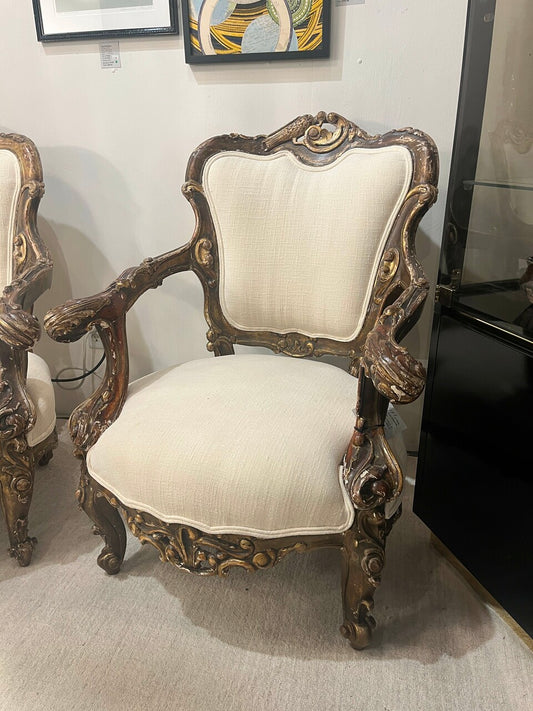 Pair Late 19th Century Louis XV Giltwood Armchairs