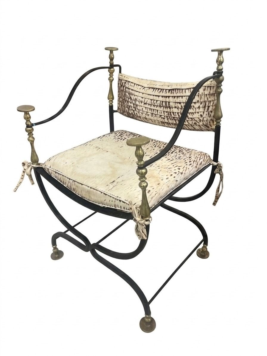 Italian Savonarola Wrought Iron and Brass Chair