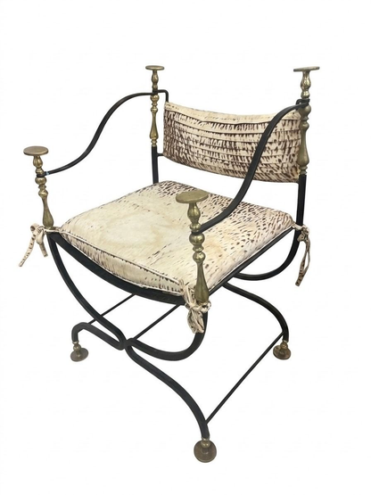 Italian Savonarola Wrought Iron and Brass Chair