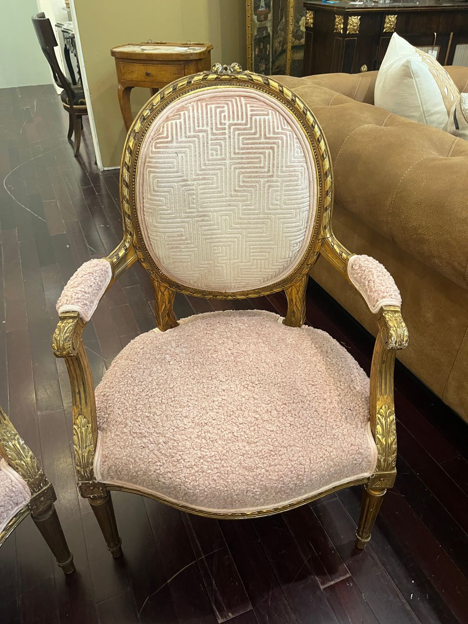 Pair Louis XVI Giltwood, Carved Armchairs