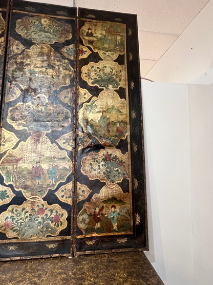 Antique 4 Panel Leather Chinoiserie Folding Screen