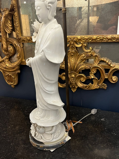 Porcelain Quan Yin Table Lamp with Silk Shade