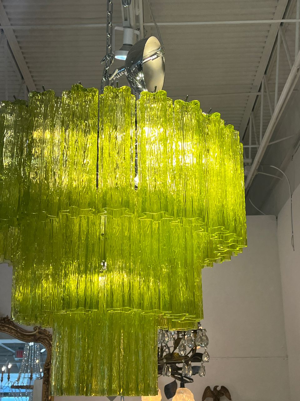 Three Tier Murano Glacier Glass and Nickel Chandelier