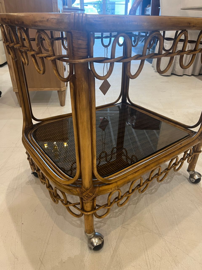 Vintage Two-Tiered Rattan and Bamboo Bar Cart