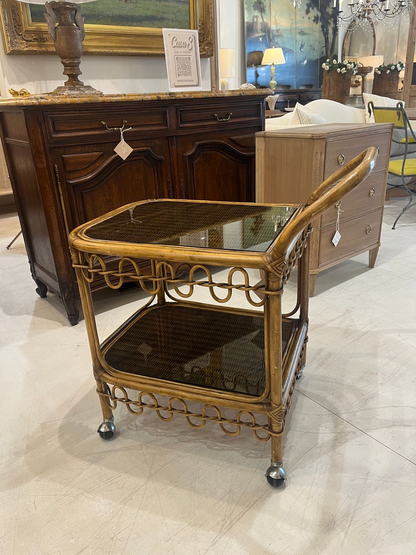 Vintage Two-Tiered Rattan and Bamboo Bar Cart