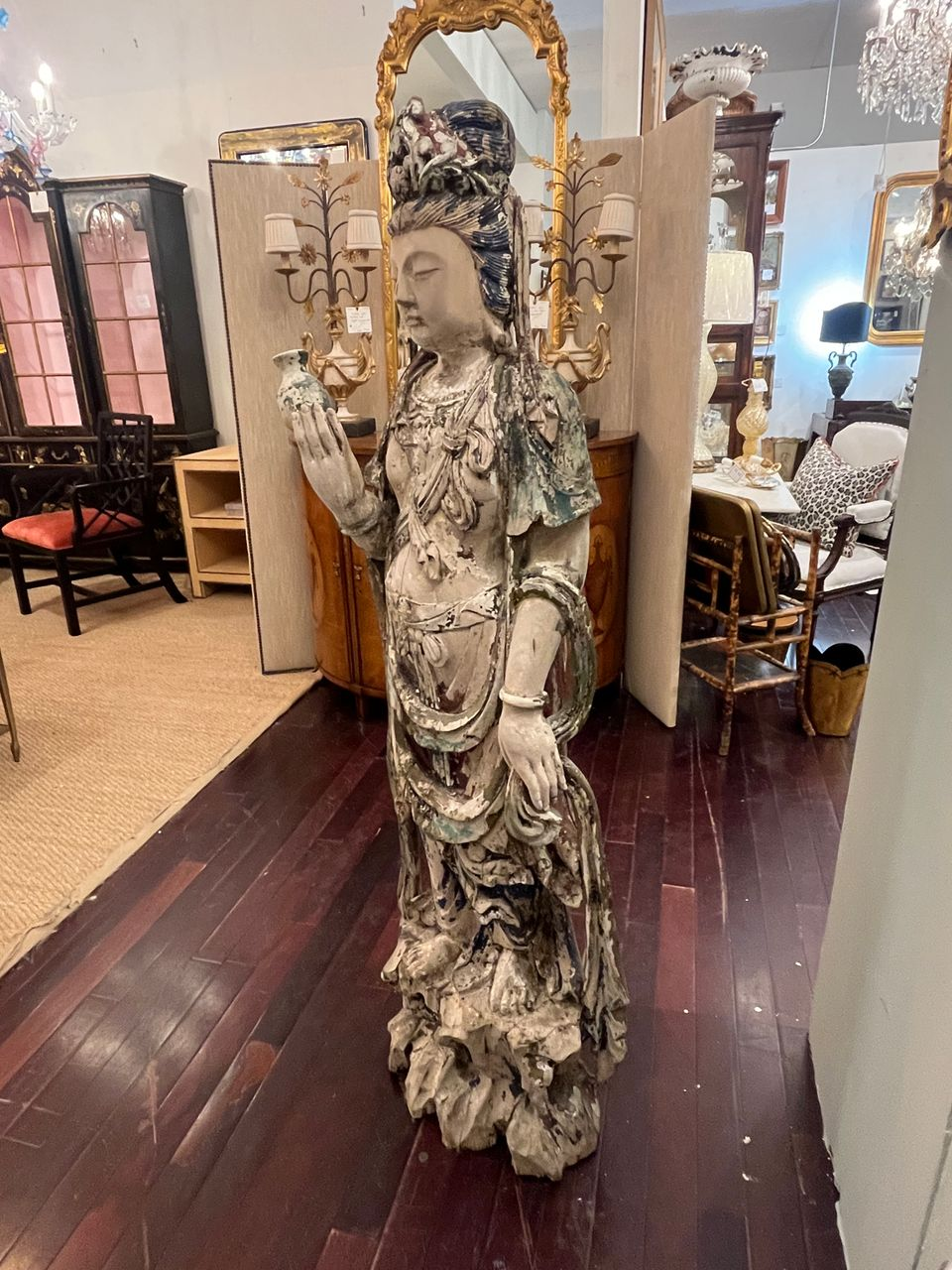 Antique Chinese Wood Carved Guanyin Statue