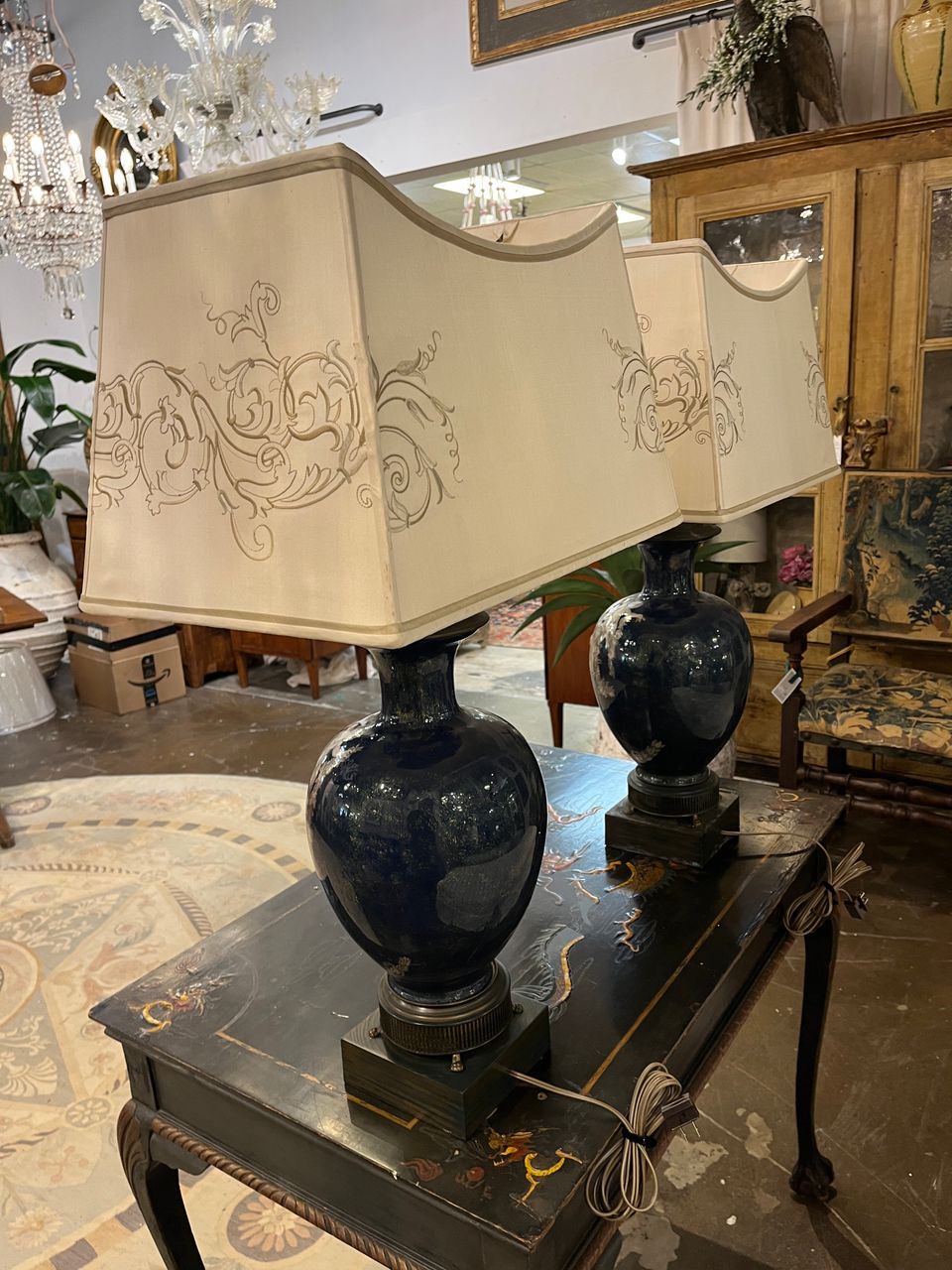Pair Neoclassical Cobalt Blue Urn Shaped Table Lamps
