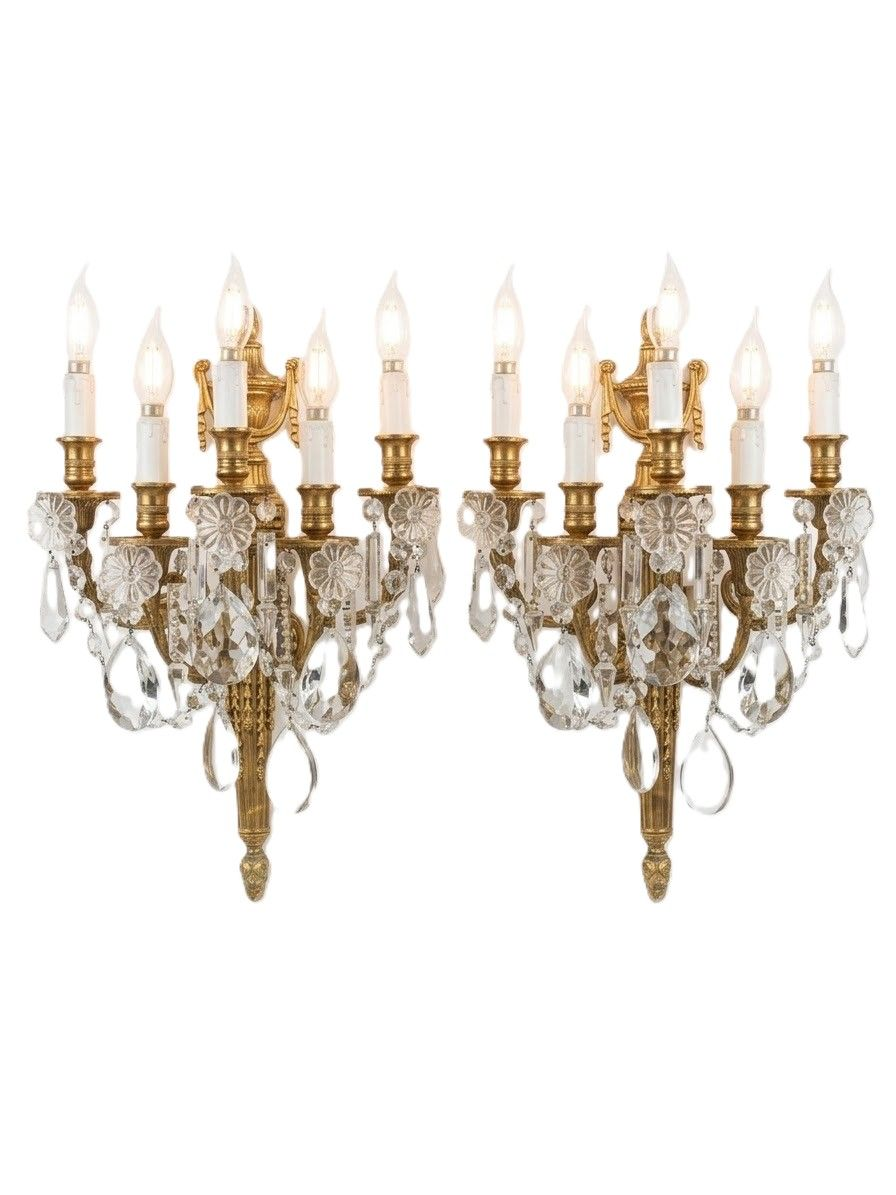 Beautiful Pair of Bronze & Crystal Wall Sconces