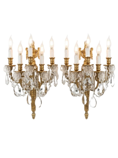 Beautiful Pair of Bronze & Crystal Wall Sconces