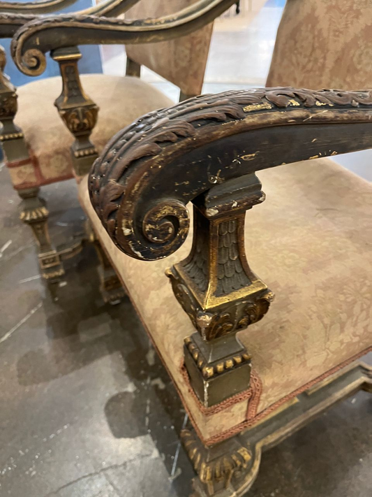 Pair 19th Century French Gilt Carved Walnut Stately Armchairs