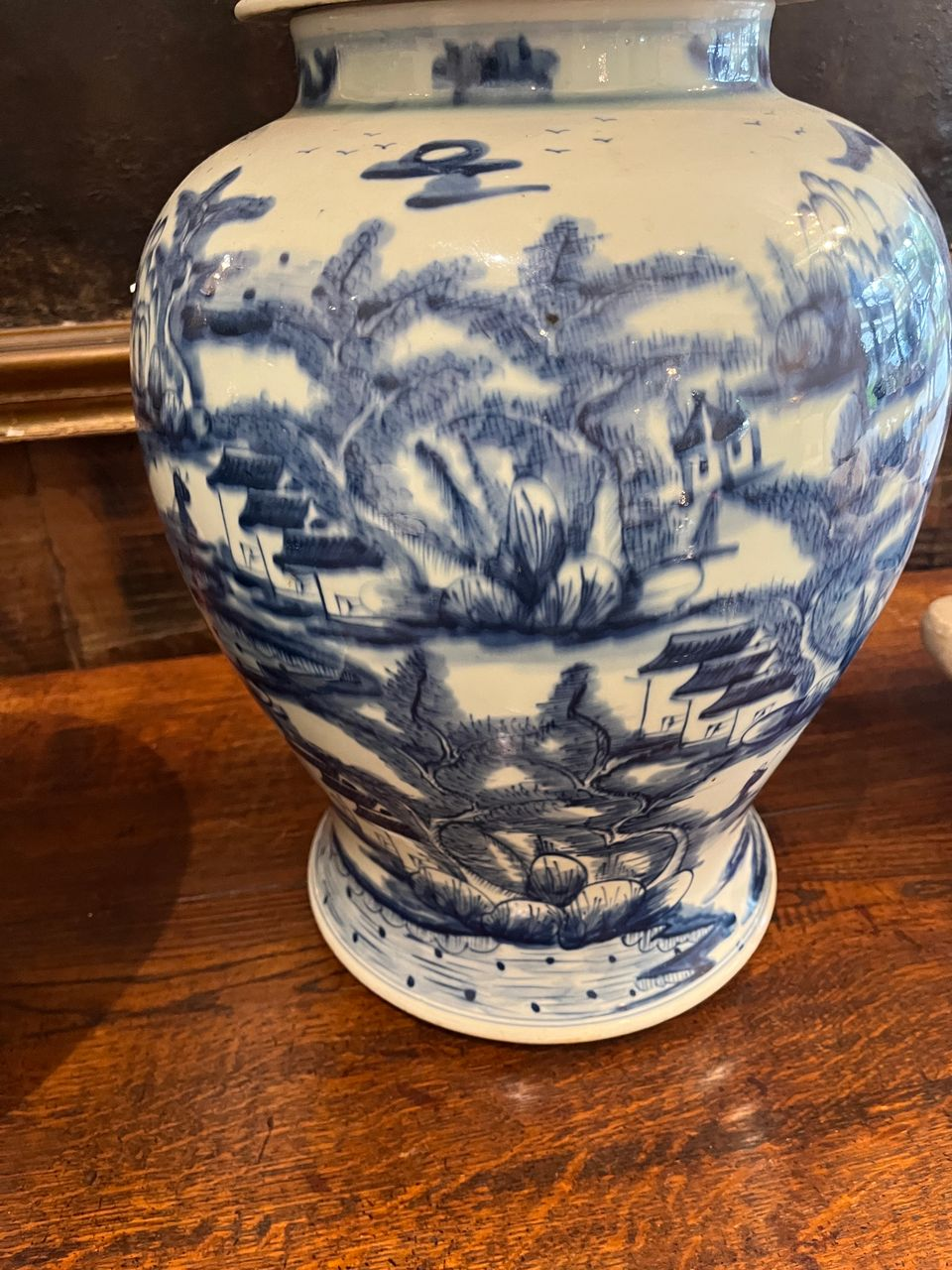 Pair Chinese Blue & White Porcelain Temple Jars