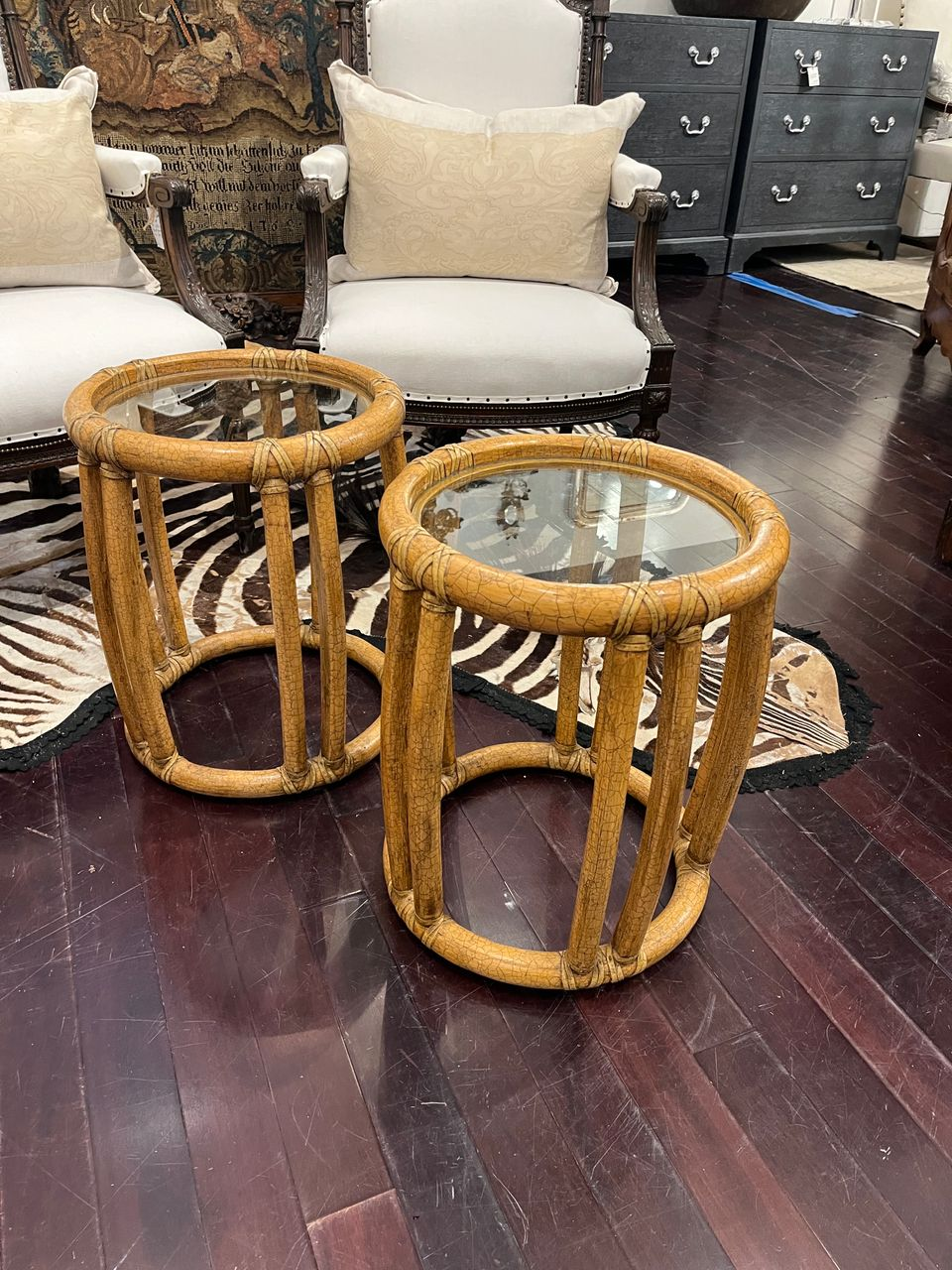 Pair McGuire Bamboo Glass Top Side Tables