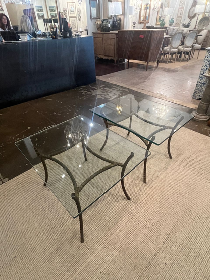 Pair Hollywood Regency Forged Iron and Glass Side Tables