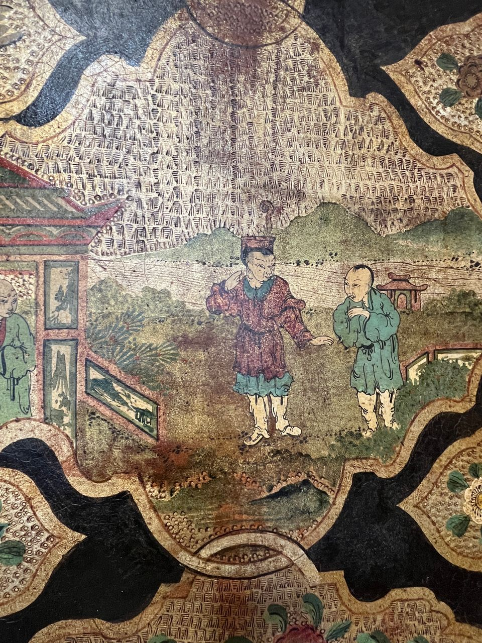 Antique 4 Panel Leather Chinoiserie Folding Screen
