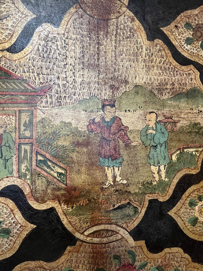 Antique 4 Panel Leather Chinoiserie Folding Screen