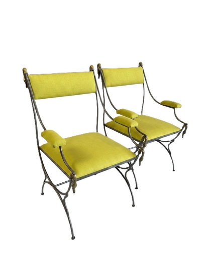 Pair Regency style Neoclassical Iron Chairs with Brass Swans