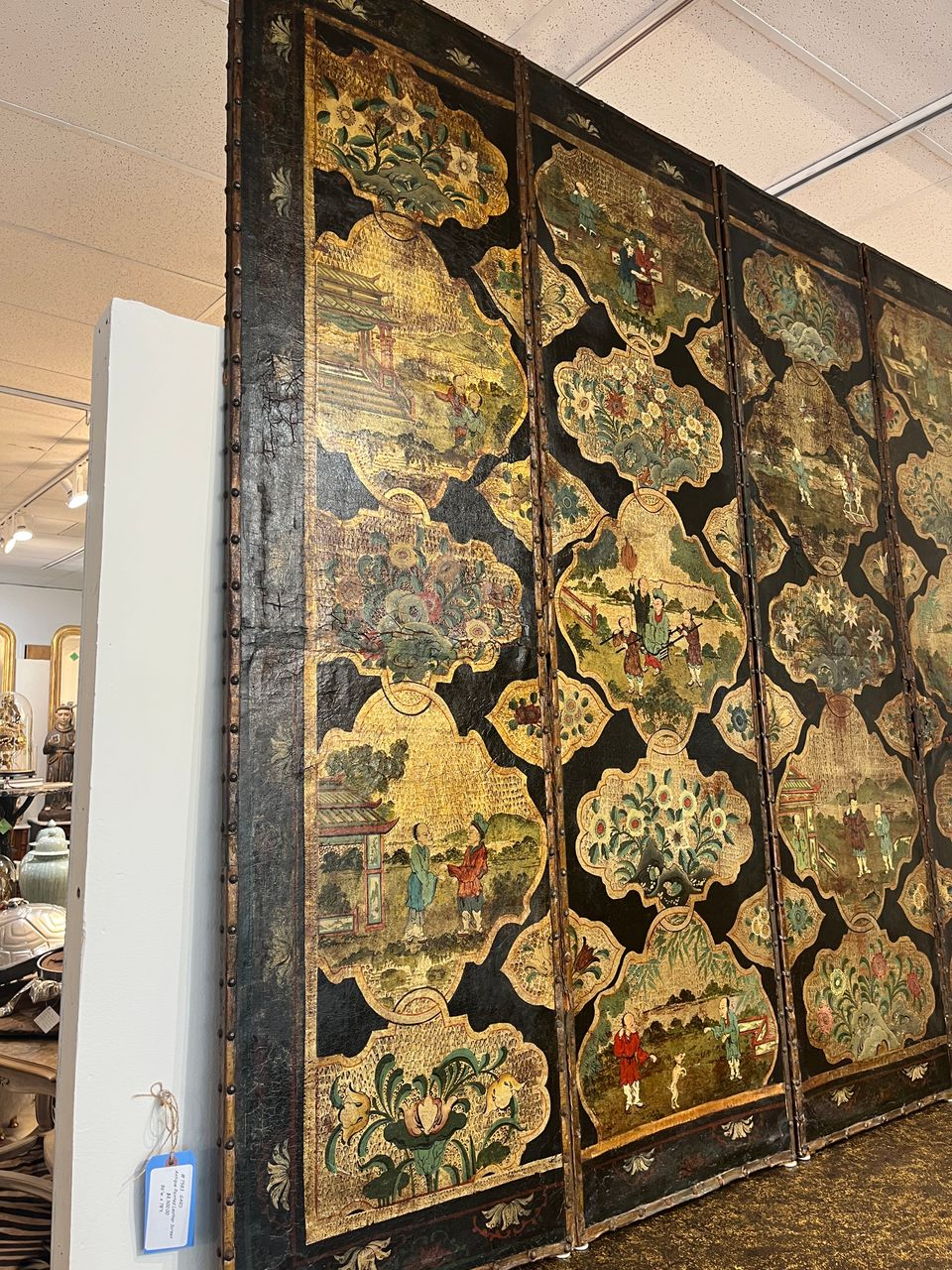 Antique 4 Panel Leather Chinoiserie Folding Screen