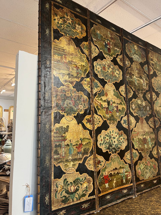 Antique 4 Panel Leather Chinoiserie Folding Screen