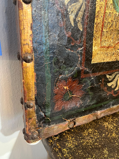 Antique 4 Panel Leather Chinoiserie Folding Screen