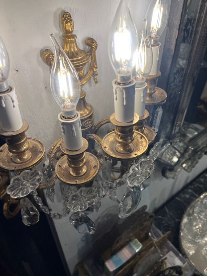 Beautiful Pair of Bronze & Crystal Wall Sconces