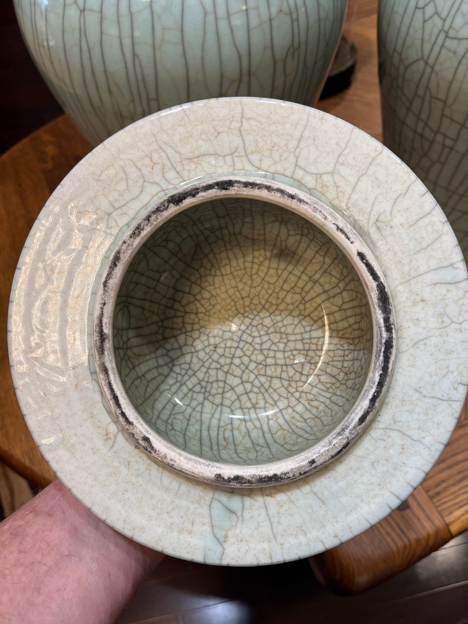 Large Crackle Celadon Lidded Temple Jar (2 available)