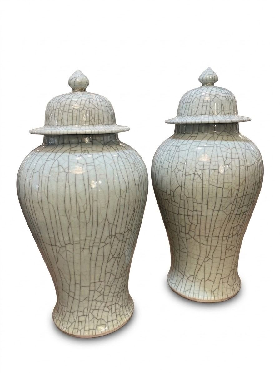 Large Crackle Celadon Lidded Temple Jar (2 available)