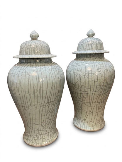Large Crackle Celadon Lidded Temple Jar (2 available)