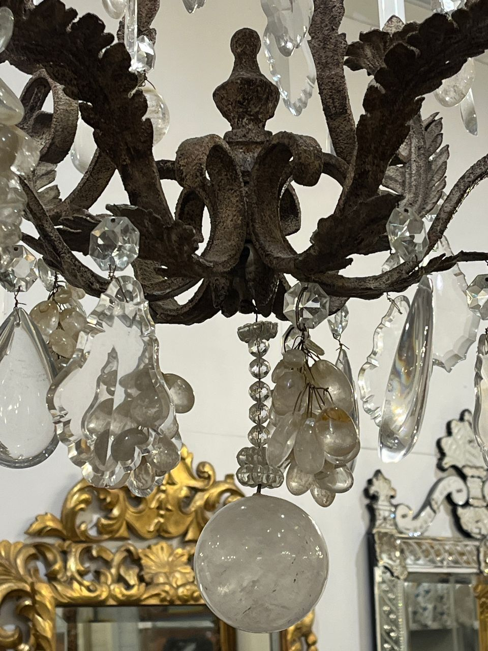 Antique French Tole 6 Light Crystal Chandelier
