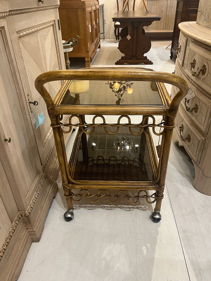 Vintage Two-Tiered Rattan and Bamboo Bar Cart