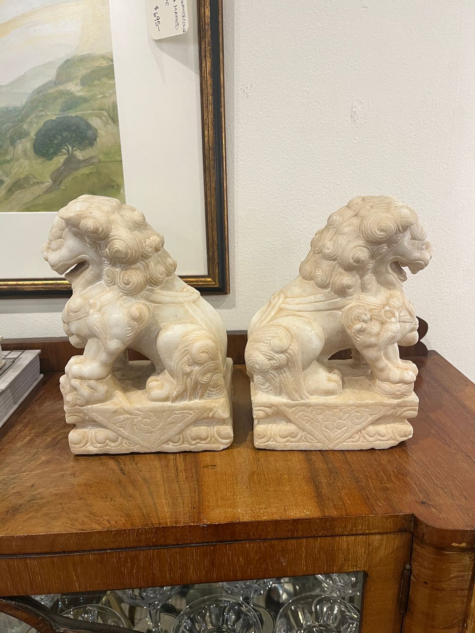 Pair of Antique Carved Marble Foo Dogs