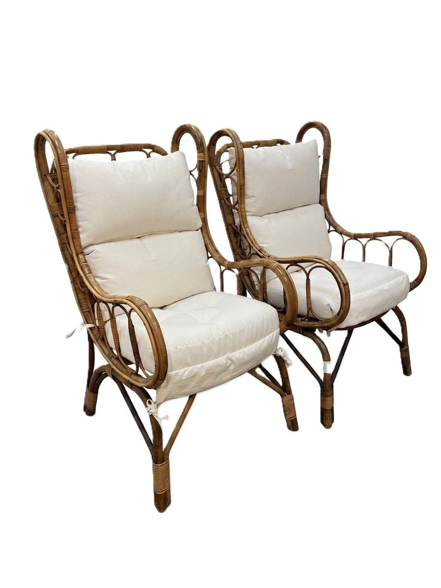 Pair Mid Century Rattan Lounge Chairs