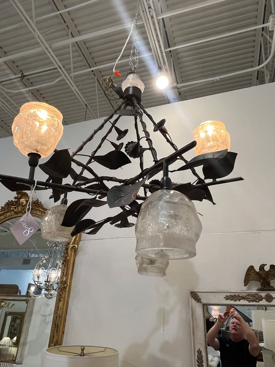 Vintage Petitot Deco Style Wrought Iron Chandelier