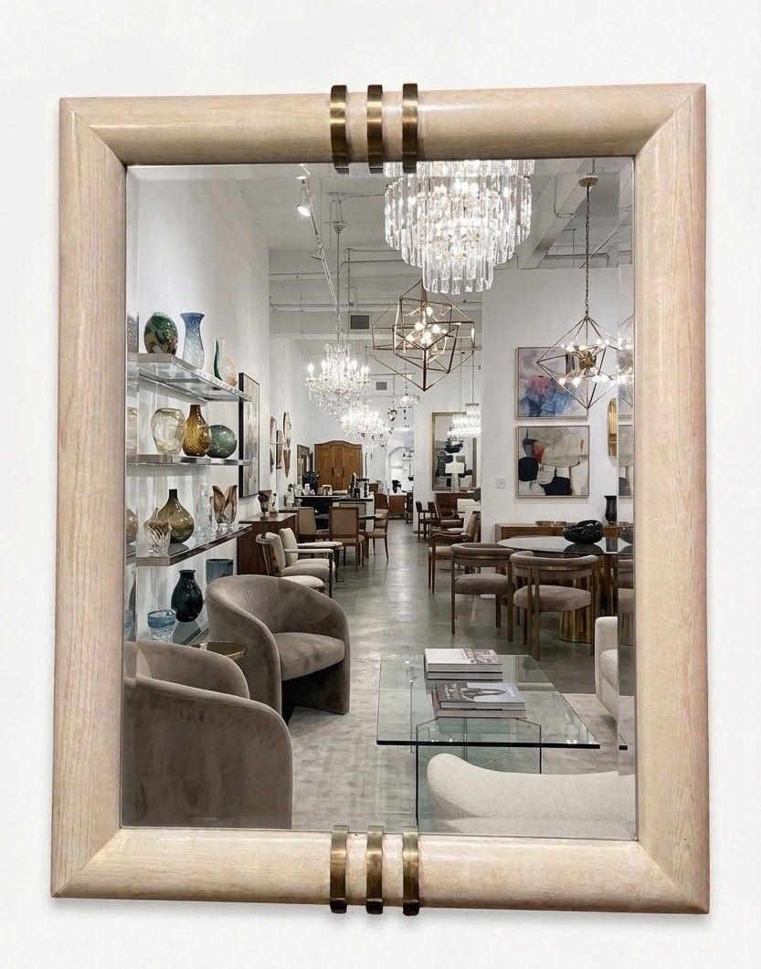 1980’s Large Whitewashed Oak and Brass Henredon Mirror