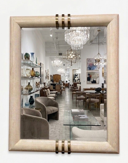 1980’s Large Whitewashed Oak and Brass Henredon Mirror