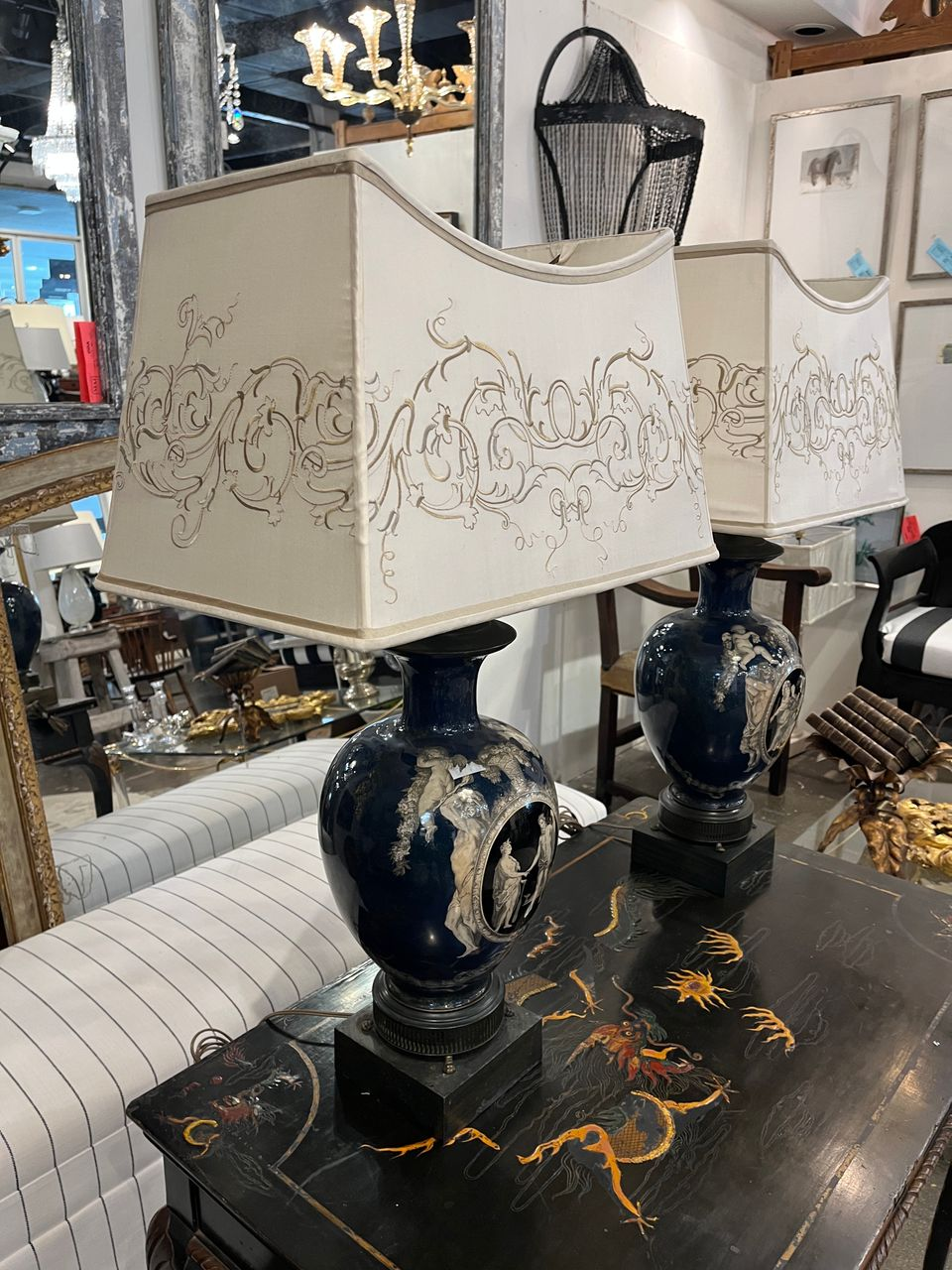 Pair Neoclassical Cobalt Blue Urn Shaped Table Lamps