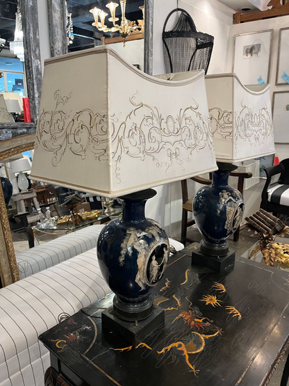 Pair Neoclassical Cobalt Blue Urn Shaped Table Lamps