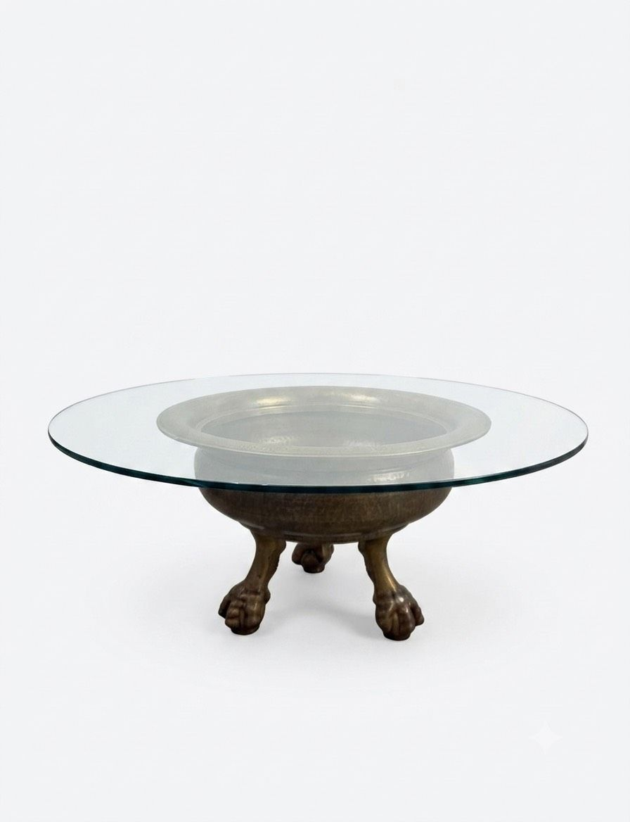 19th Century Spanish Brass Ball and Clawfoot Brazier / Table with Glass Top