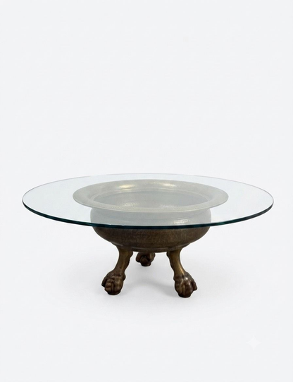 19th Century Spanish Brass Ball and Clawfoot Brazier / Table with Glass Top