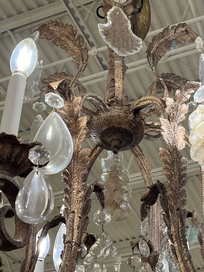 Antique French Tole 6 Light Crystal Chandelier
