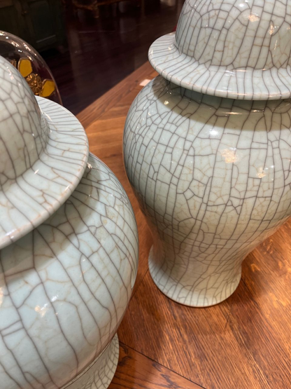 Large Crackle Celadon Lidded Temple Jar (2 available)
