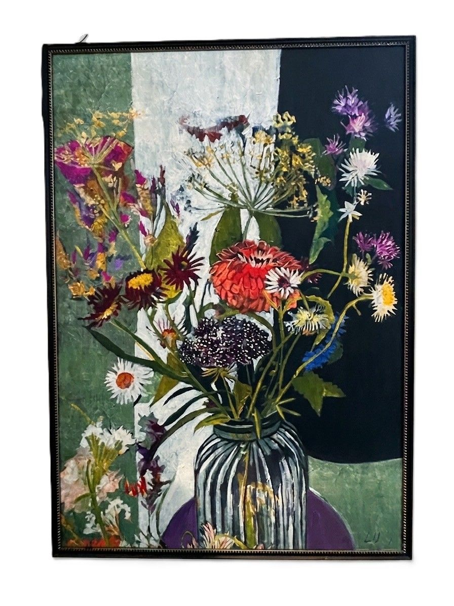 Framed Lila Bacon "Wildflowers in Vase on Table"