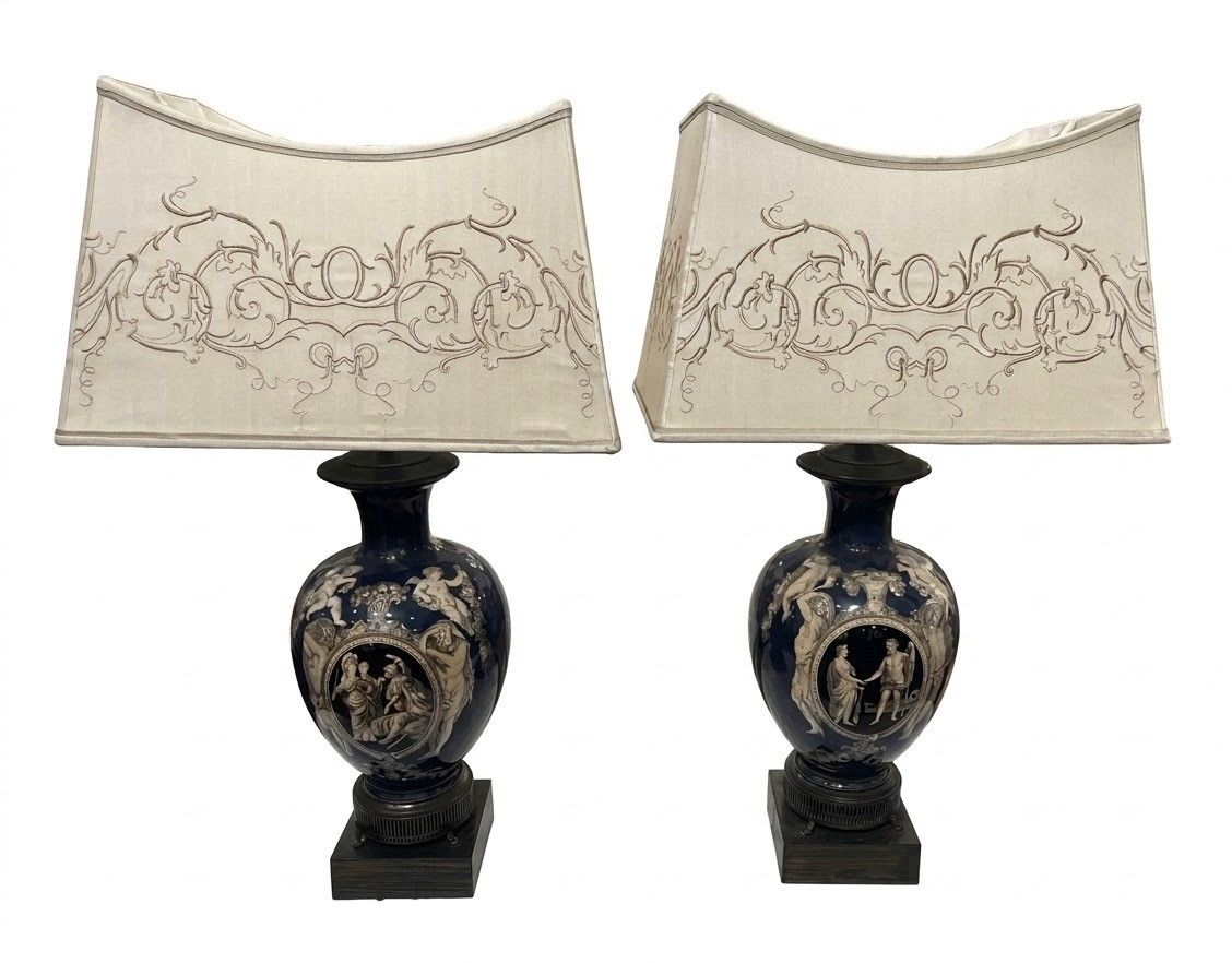 Pair Neoclassical Cobalt Blue Urn Shaped Table Lamps