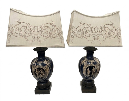 Pair Neoclassical Cobalt Blue Urn Shaped Table Lamps